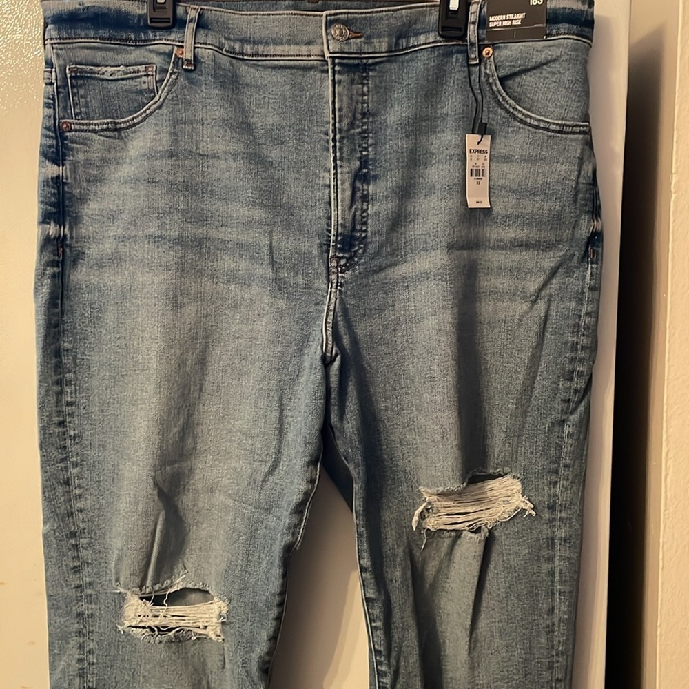Express 18S Modern Straight Super High Rise‎ Distressed Blue Jeans NWT - Picture 4 of 7